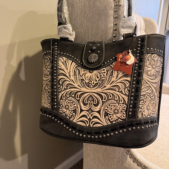 Trinity Ranch Genuine Leather Floral Tooled Purse (Black/Cream) - Picture 8 of 13